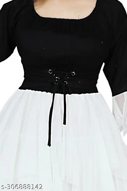 Black & white rayon festive/wedding dress with 3/4 sleeves, ideal for kids' parties
