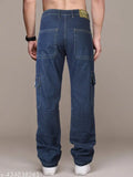 Dark blue cotton blend cargo jeans for men by Rigbone, stylish party wear, non-stretchable fit