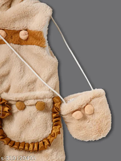 Baby Girls Bow Hooded Winter Off White Acrylic, sleeveless, solid print dress with all-over pattern. Suitable for various events, sizes range from 3-6 Months to 2-3 Years, made in India