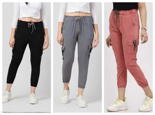 Stretchable cotton cargo trousers for women, ankle length, solid net pattern, size 28-38, India-made