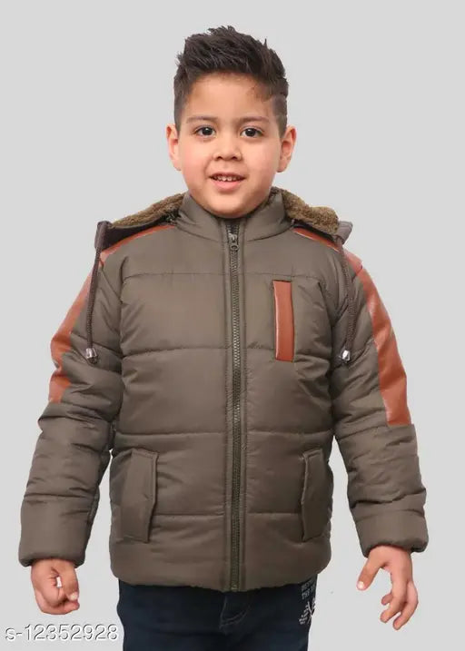 Boys olive polyester jacket & coat, solid color, long sleeves, for sizes 12-13 years (chest size 40 in), India origin