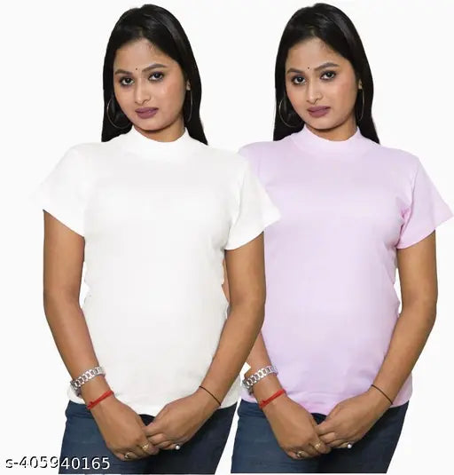 White & Pink cotton half-sleeve high neck top combo for women, soft and comfortable casual wear