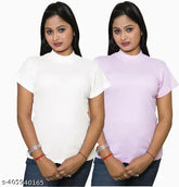 White & Pink cotton casual half sleeve high neck simple top combo for women, comfortable and stylish fashion essential