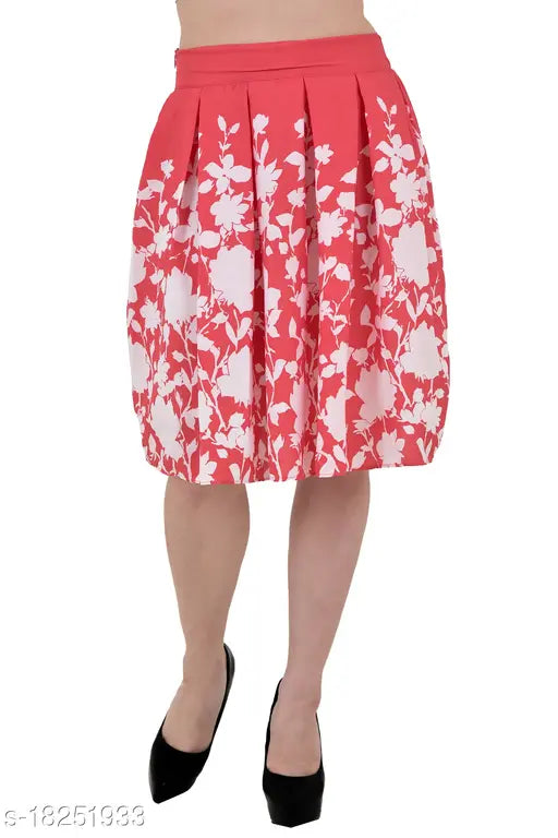 Red printed crepe pleated skirt for women and girls, trendy knotted design, summer wear