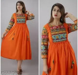Orange rayon Anarkali printed kurta, comfortable and versatile for work, daily wear, or festive occasions