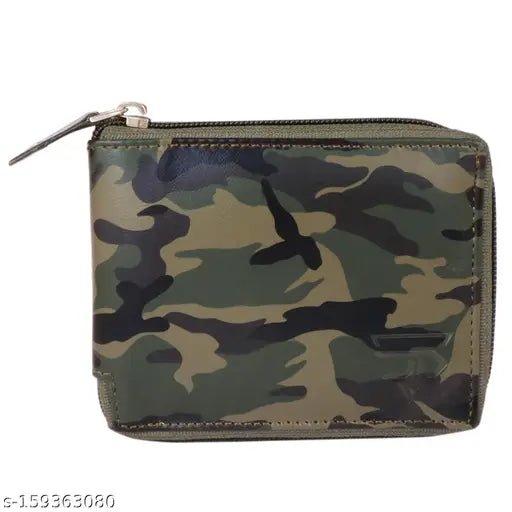 Faux leather small army round zip wallet, durable with 3 card slots, 2 secret slots, and coin pocket. Handcrafted Indian design
