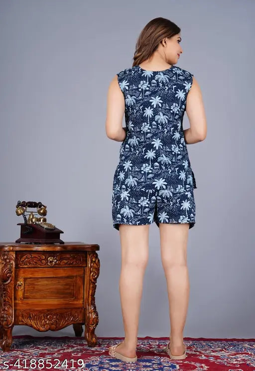 kavya blue night shorts for women, rayon material, printed pattern short set, stylish sleepwear on display