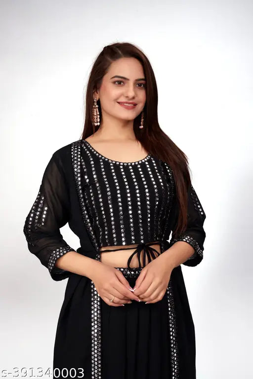 Black georgette gown choli-skirt for women, embroidered indo-western set for weddings, parties, or festivals