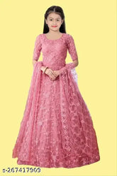 Light Pink Net Embroidered Gown with Stone Work, semi stitched style for girls aged 9-13 years