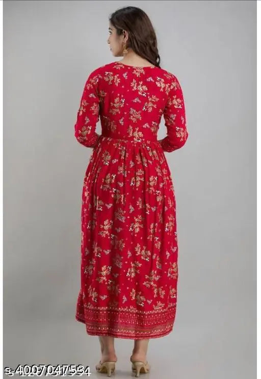 Red border flower printed viscose rayon long Anarkali kurti, three-quarter sleeves, traditional-contemporary Indian ethnic garment
