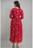 Red border flower printed viscose rayon long Anarkali kurti, three-quarter sleeves, traditional-contemporary Indian ethnic garment