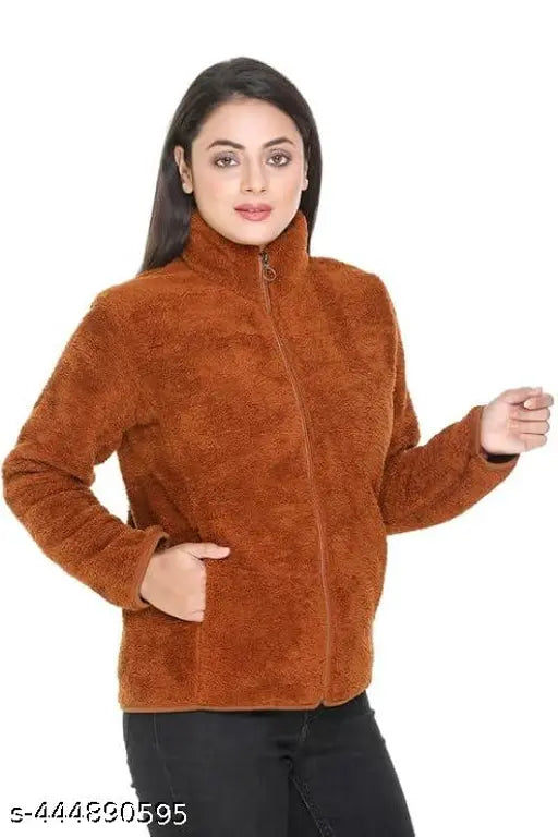 Women's solid faux fur polyester fleece jacket, fluffy yarn full zip winter wear - long sleeves, warm and cozy style