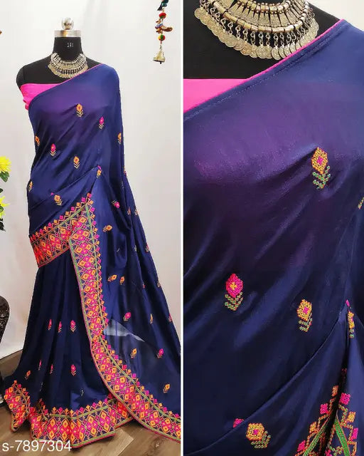 Georgette thread embroidered border saree, single free size, dupion silk blouse on India-made display