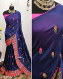 Georgette thread embroidered border saree, single free size, dupion silk blouse on India-made display