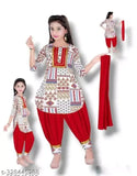 Cotton blend printed anarkali dhoti kurta with chunni set for baby girls, Indian ethnic partywear salwar kameez for kids aged 3-11 years