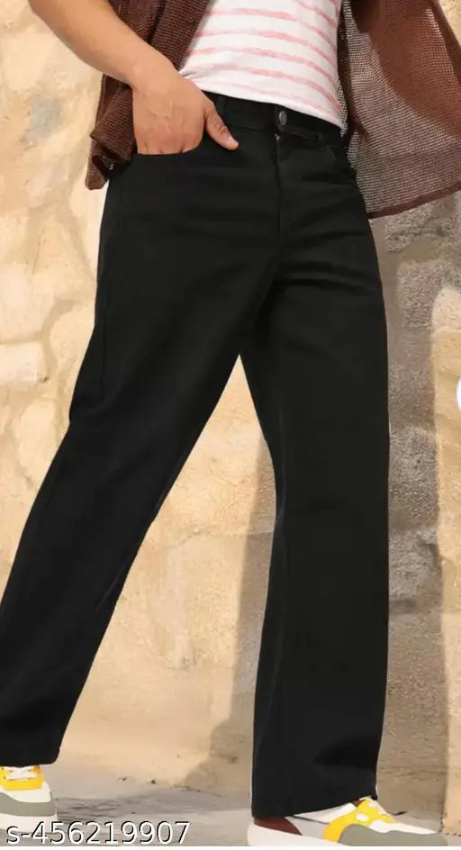 Acrylic men's slim fit black jeans, casual wear for 28-32 waist sizes, solid pattern