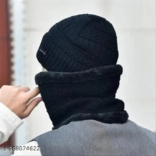 Wool HRIDAY Men's winter beanie cap with muffler set, ideal for extreme cold winter, country of origin: India
