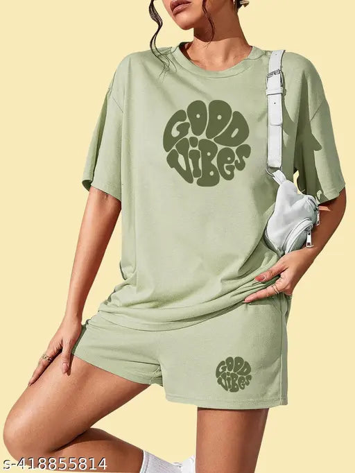 Pista green pure cotton printed night suit set for women, featuring top and shorts, versatile and stylish, made in India