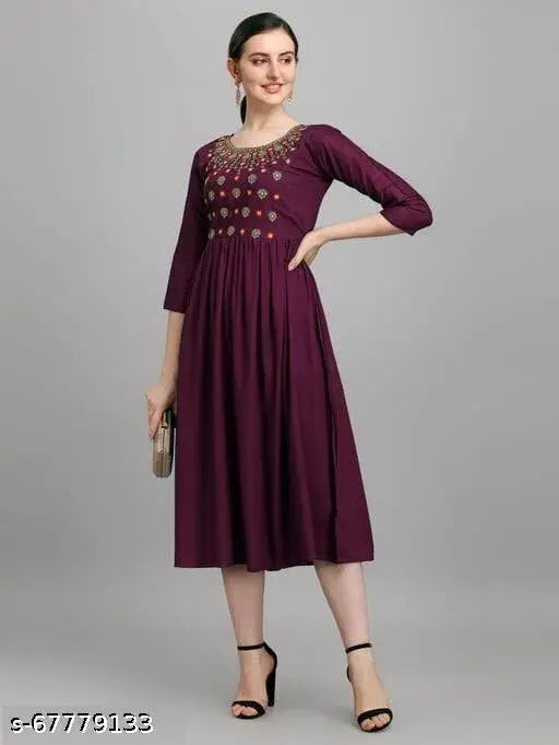 Rayon embroidered women's long partywear kurta, trendy festival attire with three-quarter sleeves