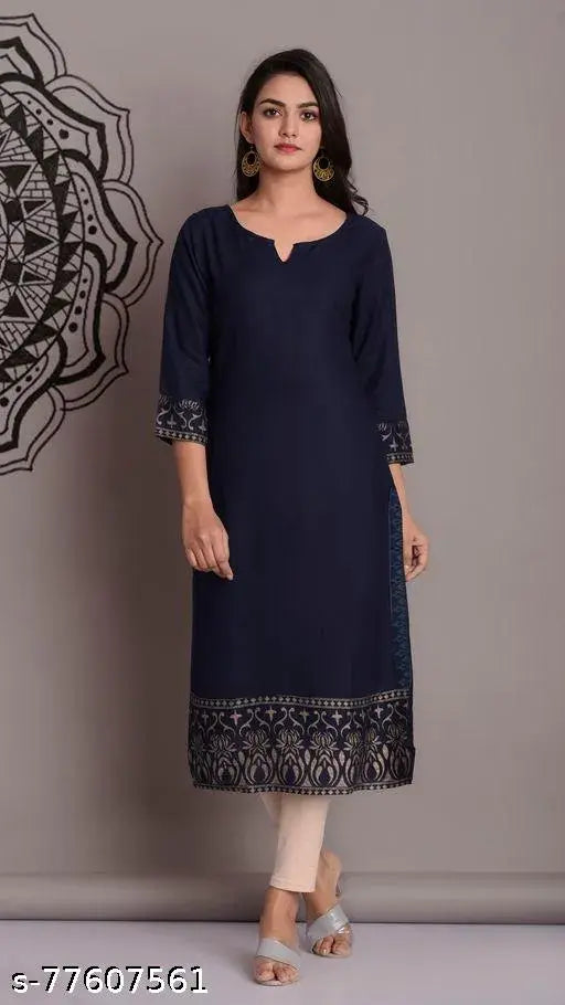 Blue rayon straight jacket kurti, three-quarter sleeves with printed combo - Indian women's fashion