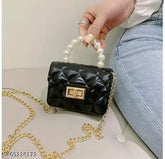 Striped net synthetic sling bag, free size for girls/women travel or party, pearl-adorned, Indian-made