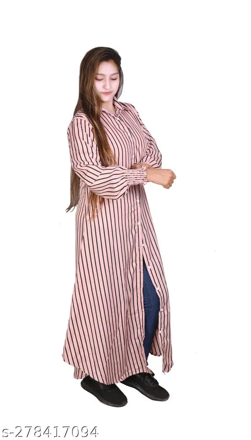 Striped crepe long-sleeved women's casual Kurta, front slit design, festive wear, L size (bust 40in), India origin
