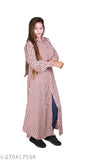 Striped crepe long-sleeved women's casual Kurta, front slit design, festive wear, L size (bust 40in), India origin