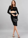 Purple polyester asymmetrical pencil skirt for women, solid net design with feather hem, suitable for formal occasions. Sizes: 28, 30, 32, 34 (IN)