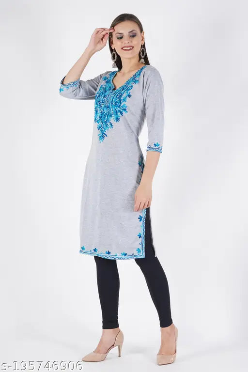 GreyBlue Woolen Embroidered Kurti, three-quarter sleeve, premium quality winter wear