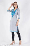 GreyBlue Woolen Embroidered Kurti, three-quarter sleeve, premium quality winter wear