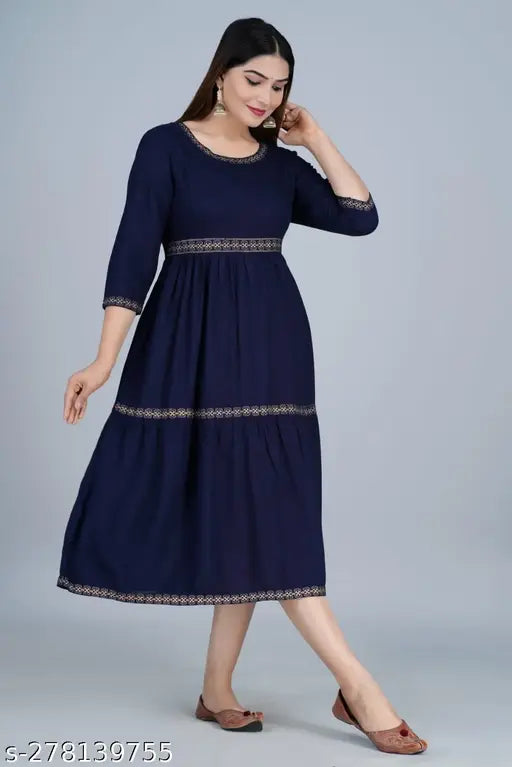 Blue Rayon three-quarter sleeve, solid blue striped top for women - M (38in bust, 42in length), L (40in bust, 43in length), XXL (44in bust, 45in length)