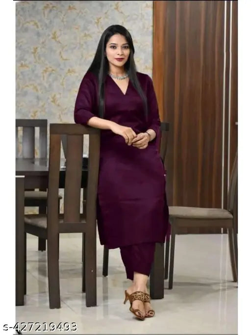 Trending Women's Rayon V-neck Long Kurta-Pant Set, solid-patterned traditional Indian outfit for M (38/14.5/32/46/28/39), L (40/15/34/46/29/40), XL (42/15.5/36/46/30/41), XXL (44/16/38/46/31/42) - Modern Indian dressing