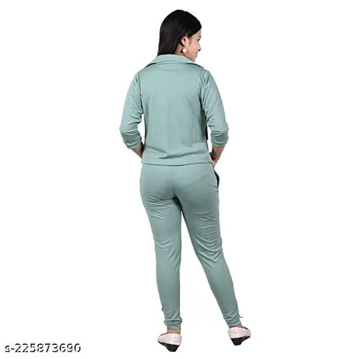 Mint green cotton blend clothing set for girls aged 4-16 years, includes jacket, pant, and t-shirt with white print, trendy stylish design from India