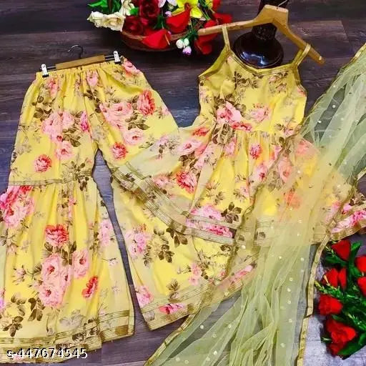 Georgette printed Sarara pair with sequinned net dupatta, Indian heavy georgette women's outfit with sleeveless kurta and bottomwear