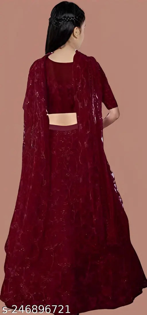 Embroidered kids lehenga choli and dupatta set, heavy net material, semi-stitched, festival wear