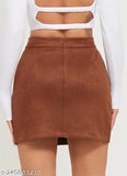Faux suede rust short skirt with side slit, solid velvet pattern, 18 inches above knee, 3.5-inch side slit, available in sizes 26, 28, 30, and 32, ideal for casual outings/parties/functions. (India)