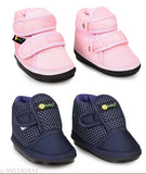 Pink and D.Blue textile and PVC casual boots for kids, featuring a chu-chu sound music mechanism and velcro fastening. Comfortable and skin-friendly shoes designed with maximum breathability and safety. Available in various sizes from 8 months to 2 years. Indian origin