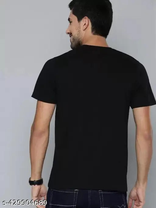 100% cotton black men's printed round neck t-shirt, short sleeves, timeless style, ultimate comfort on display