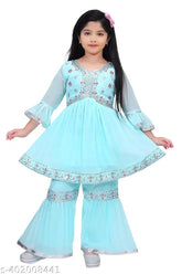Embroidered festive chiffon palazzo ensemble for girls, India-made, knee-length anarkali with three-quarter sleeves and sparkling accents