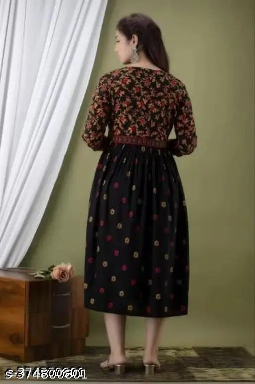 Designer black rayon anarkali kurti, three-quarter sleeves, floral printed party wear gown for women's ethnic wear