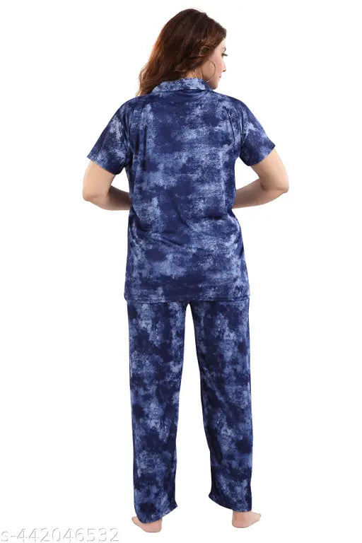 Women's printed color satin night suite set - shirt and pyjama set - top and pyjama set - nightdress set for women and girls, vibrant satin sleepwear on display