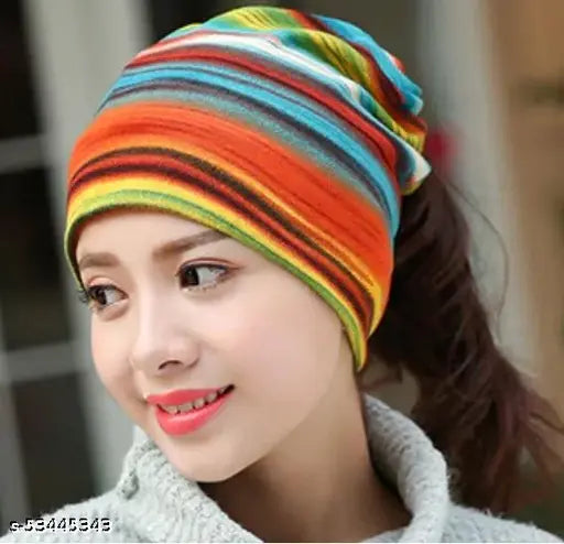 Orange self-design skull cap, knitted for women's casual wear, one size fits most (56-58CM/22"-22.8")