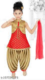 Red cotton blend printed patiala suit for girls, RK Collection party wear with dupatta and embroidery
