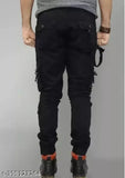 Black cotton blend cargo jeans from Fikow for men, solid style, size 28 (waist 28in, length 41in, hip 32in)