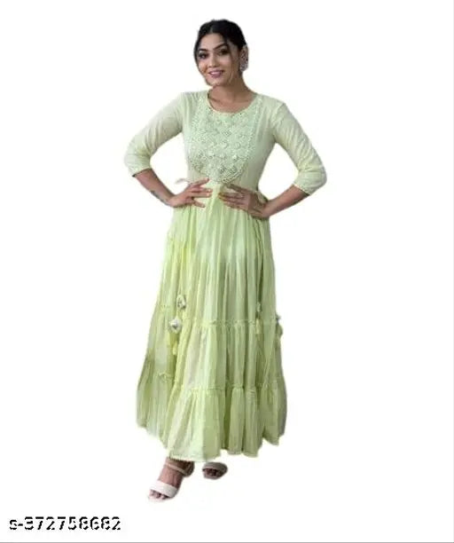 Green rayon anarkali gown with embroidery, printed for special occasions in India