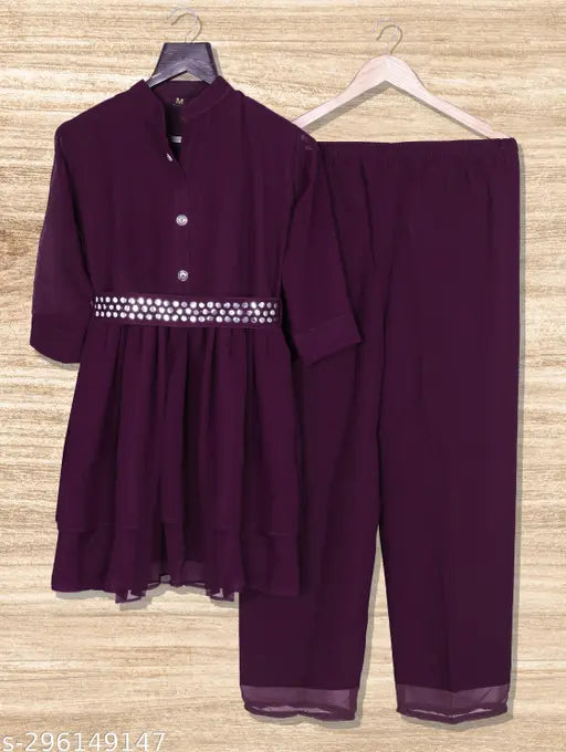 Georgette kurta set with palazzo pants, solid net, three-quarter sleeves - Indian fashion trending outfit for women