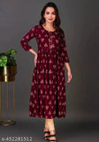 Rayon printed anarkali kurtis for women, three-quarter sleeves, classic style
