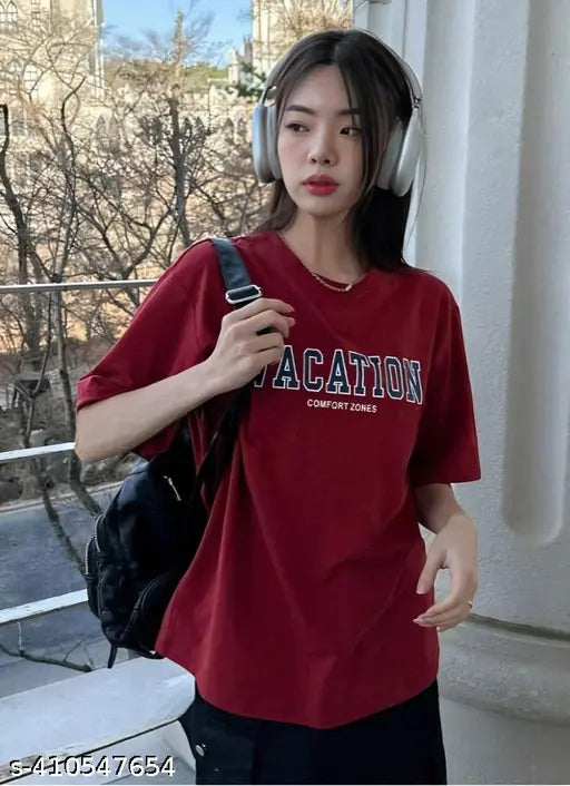 Maroon cotton-blend oversized t-shirt with printed net design, ideal for casual occasions