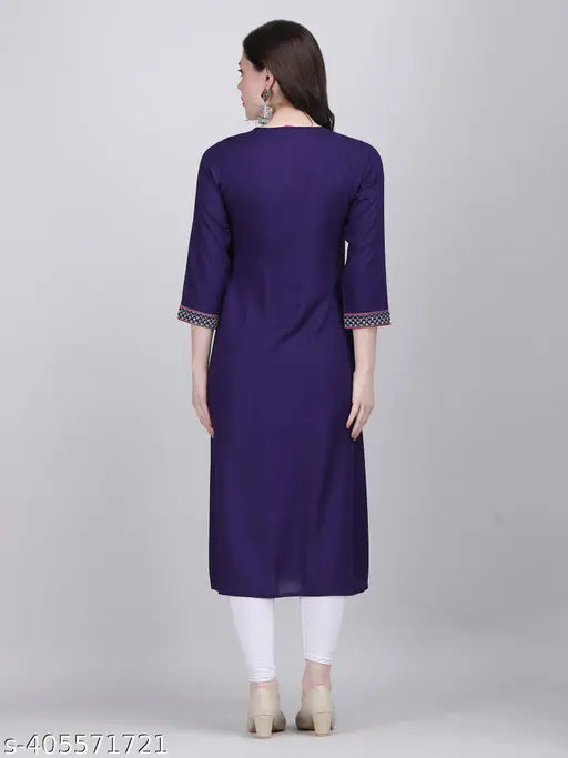 Rayon women's embroidered long kurta for parties and festivals, solid pattern, three-quarter sleeves