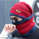 Red wool fashion combo for men and women with muffler, quality caps for cold protection - Venton new design